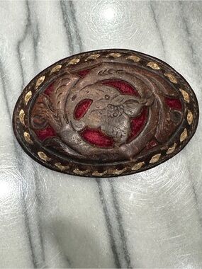 Circle Y Tooled Leather Belt Buckle Vintage Western Bird Red Velvet